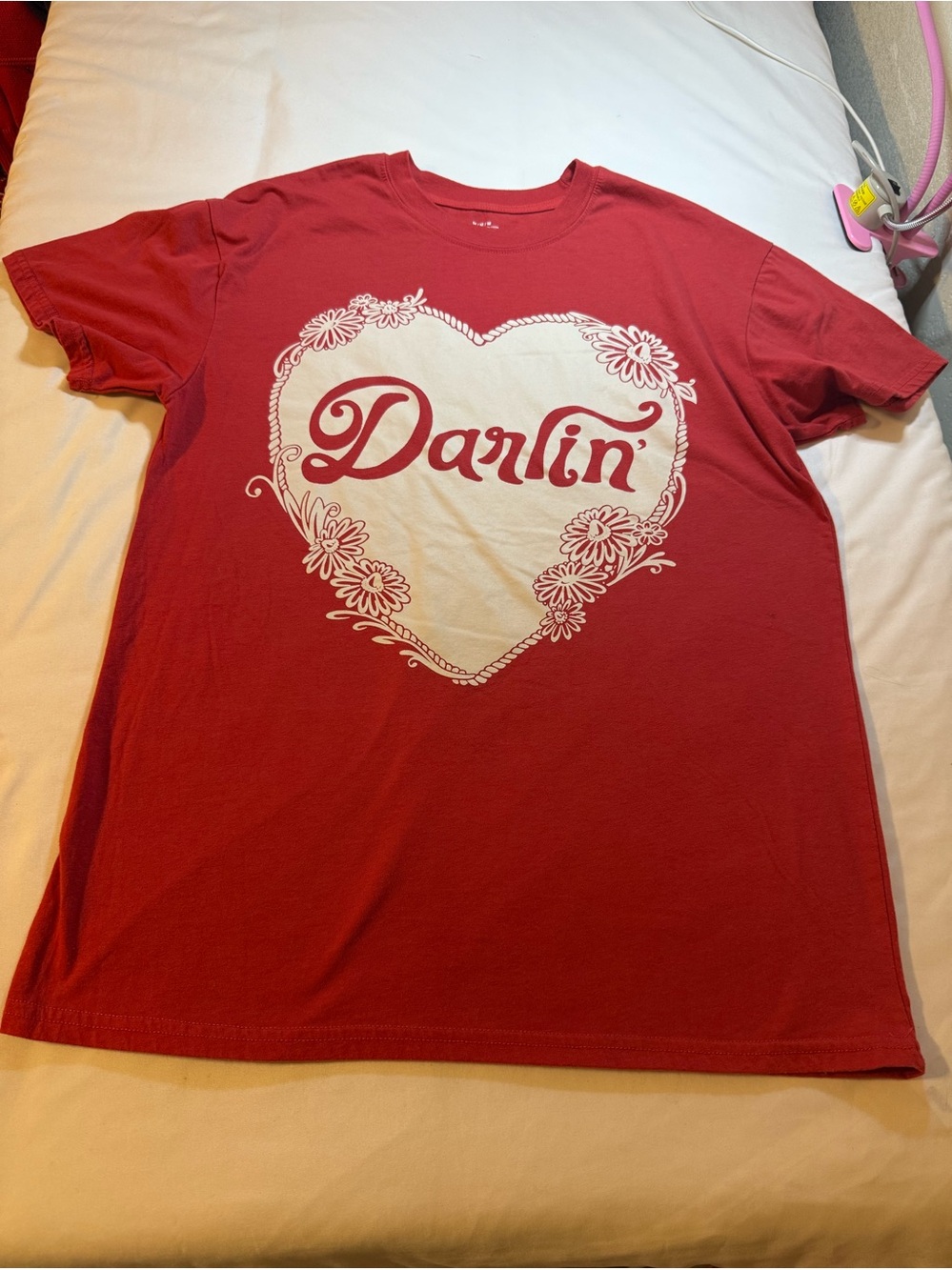 Red T-Shirt with White Heart 'Darlin'' Graphic